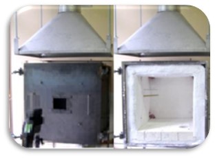 Cette image montre un four ouvert et un four fermé avec une porte permettant le test d'une plaque d'échantillon en 10cmx10cm
